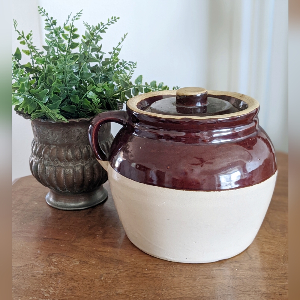 Antique Grès Beans Pot Jar with Lid and Handle, Blue Crown 3